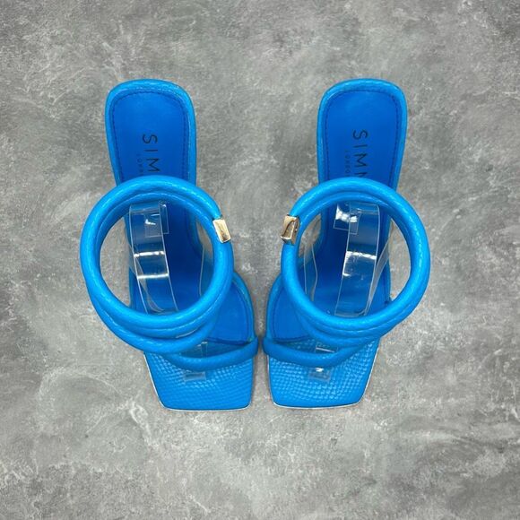 Simmi London Blue Eloise Wrap Ankle Gold Heel Sandal Size 6 Square Toe Stiletto - Picture 6 of 12